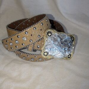 Tan Croc Print Belt with Rhinestone Bling And Western Silver Buckle 32